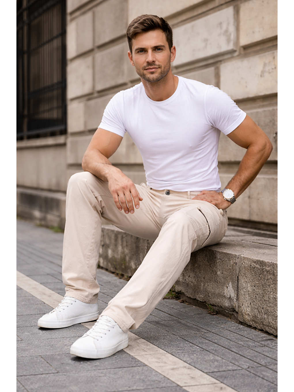 Erkek Kargo Cepli Pamuklu Bej Baggy Pantolon-4