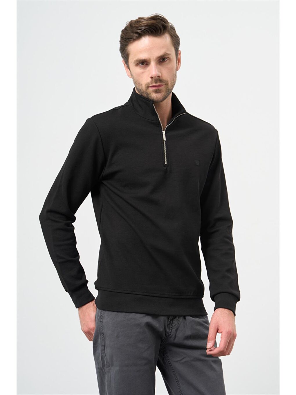 Siyah Örme Hakim Yaka Pamuklu Casual Slim Fit Dar Kesim Sweatshirt 1013245151