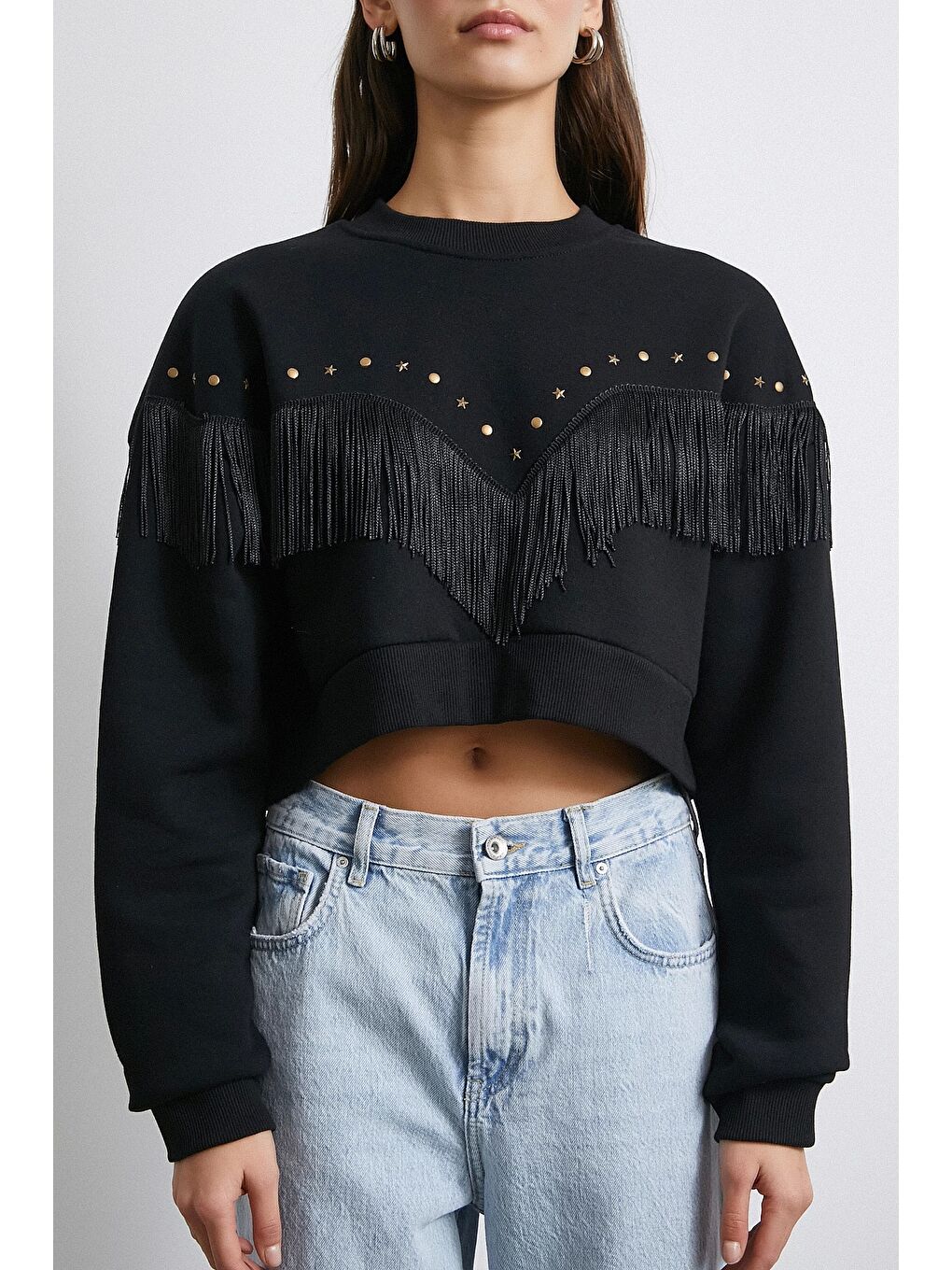 Püsküllü Crop Sweat Siyah-4