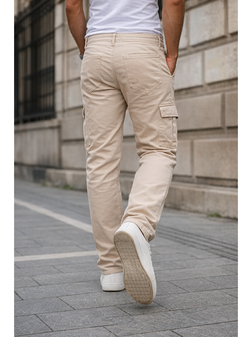 Erkek Kargo Cepli Pamuklu Bej Baggy Pantolon-5