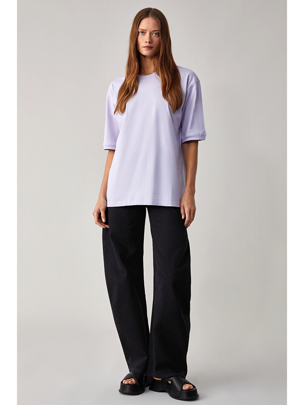 Betsy Kadın %100 Pamuk Bisiklet Yaka Kısa Kollu Fit Relaxed Lila T-shirt-1