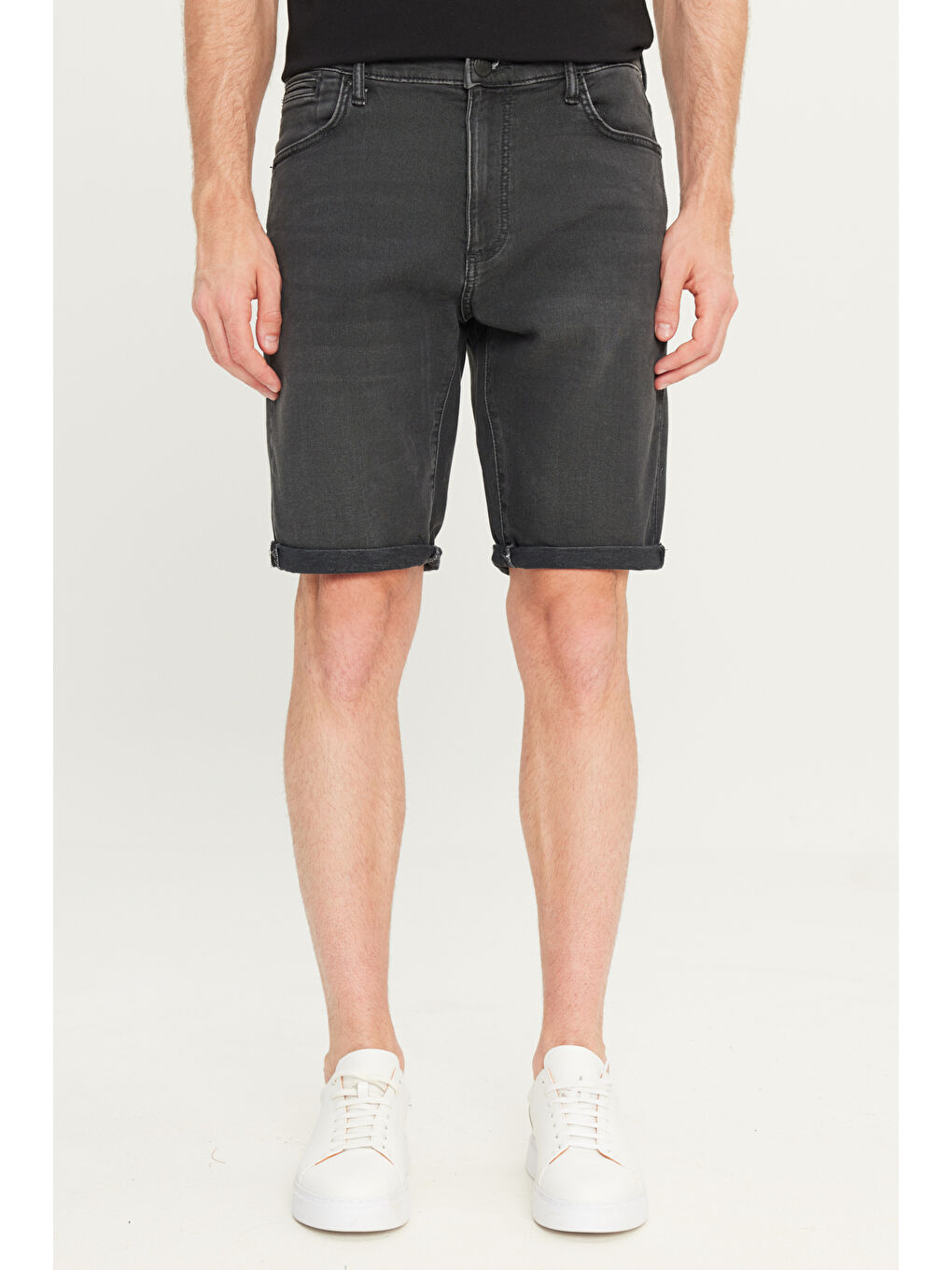 Slim Fit Dar Kesim Yüksek Bel Koyu Antrasit Pamuklu Esnek Şort-2