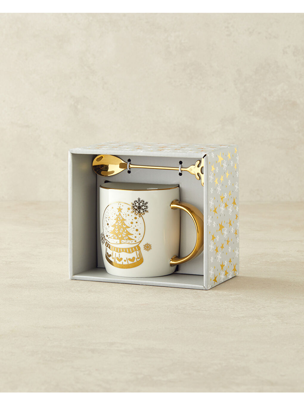 Sarı Snow Globe New Bone China Kaşıklı Yılbaşı Kupa 360 ml Gold