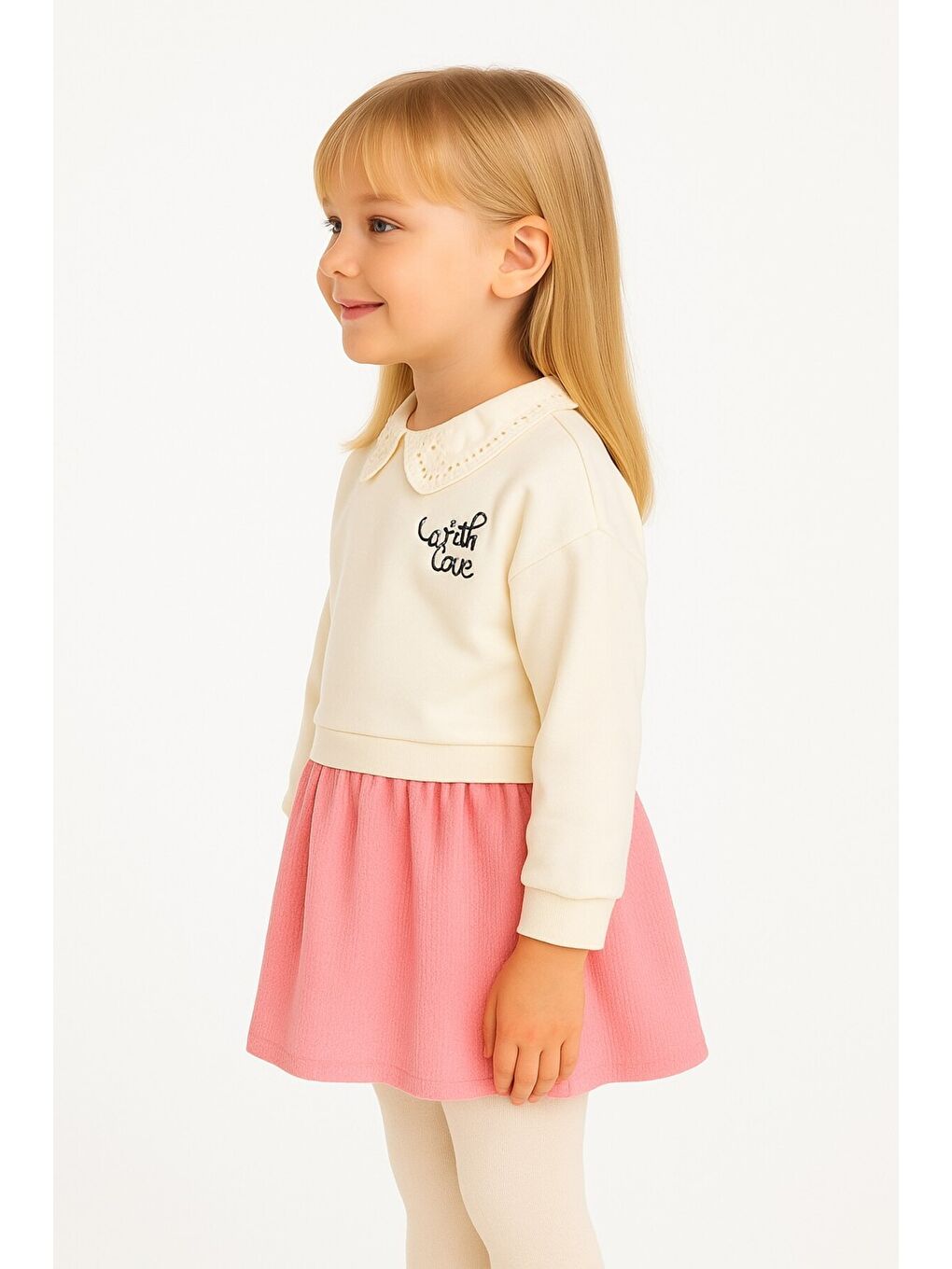 Pembe Kız Çocuk Trend Tasarım Yakalı Premium Sweatshirt Elbise-1