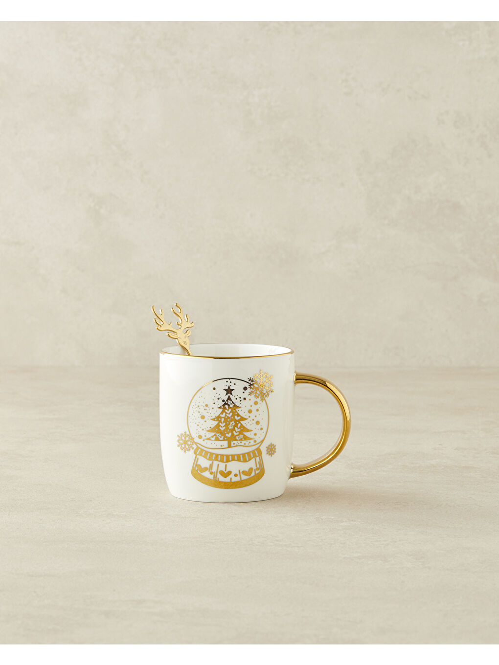 Sarı Snow Globe New Bone China Kaşıklı Yılbaşı Kupa 360 ml Gold-1