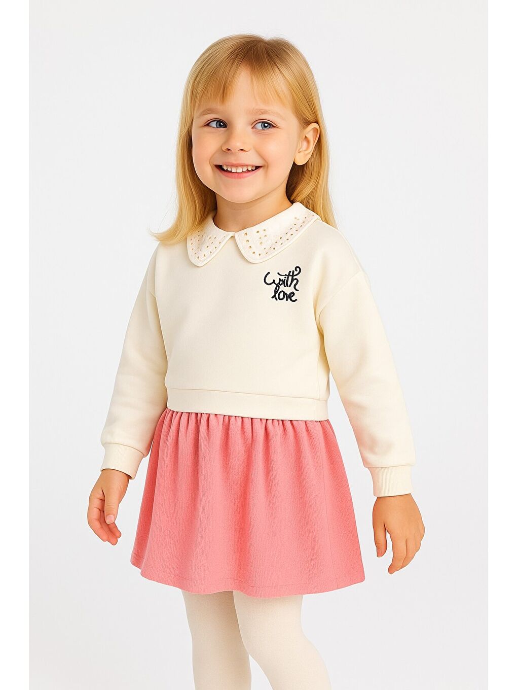 Pembe Kız Çocuk Trend Tasarım Yakalı Premium Sweatshirt Elbise-2