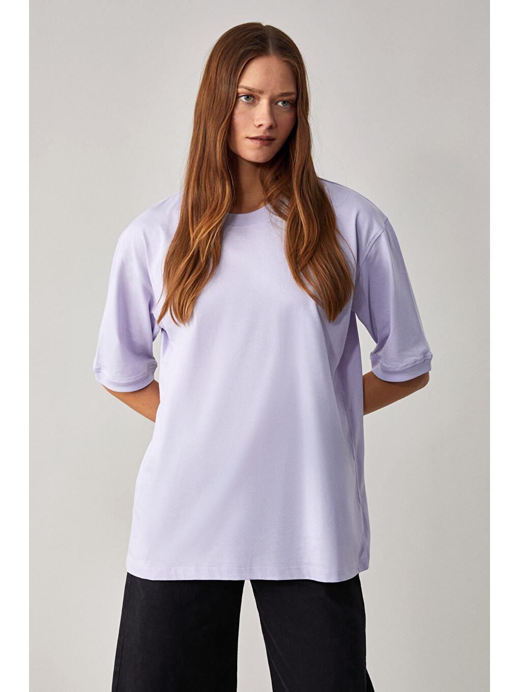 Betsy Kadın %100 Pamuk Bisiklet Yaka Kısa Kollu Fit Relaxed Lila T-shirt-2