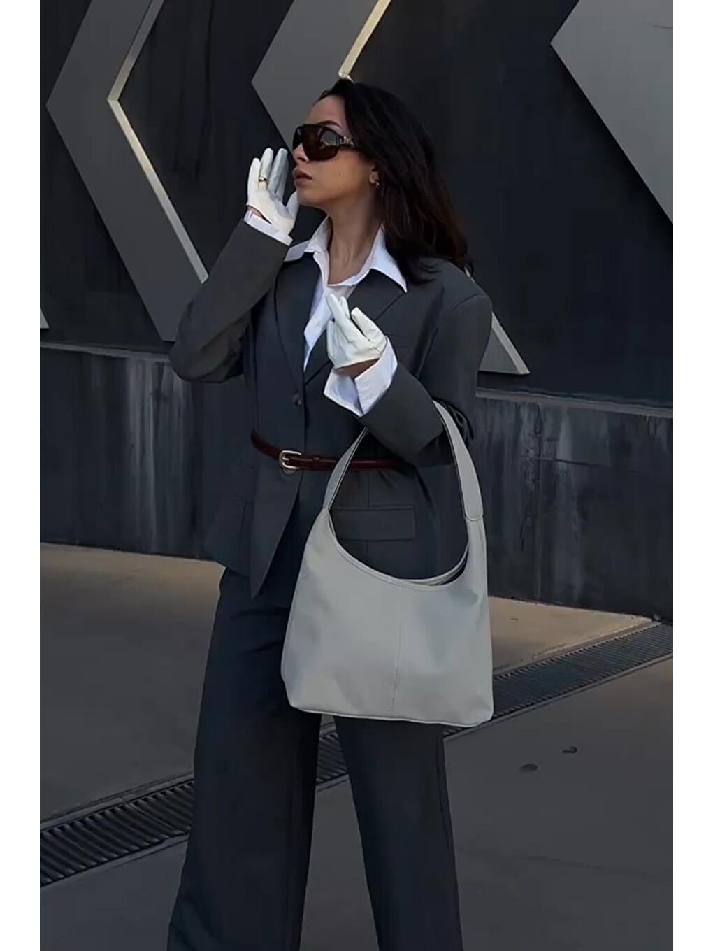 Gina Vintage Süet Omuz Çantası Gri-5