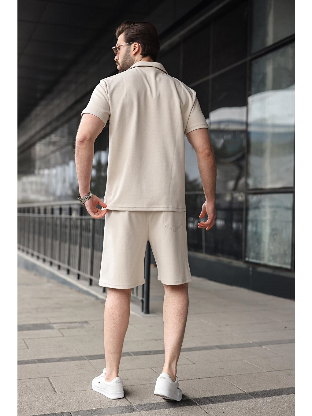 Bej Yarım Fermuarlı Polo Yaka T-Shirt Şort Takım E7348-2