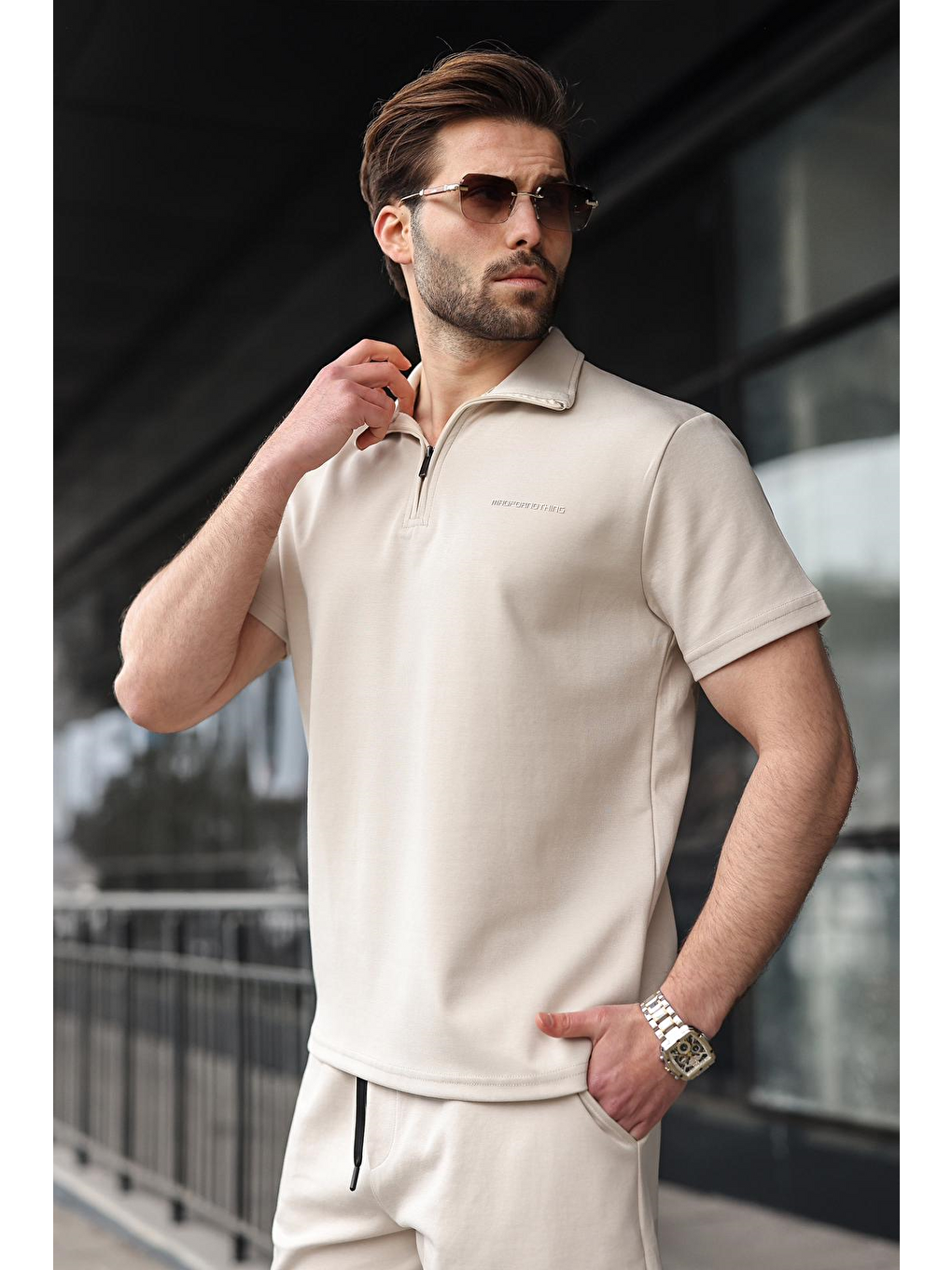 Bej Yarım Fermuarlı Polo Yaka T-Shirt Şort Takım E7348-3