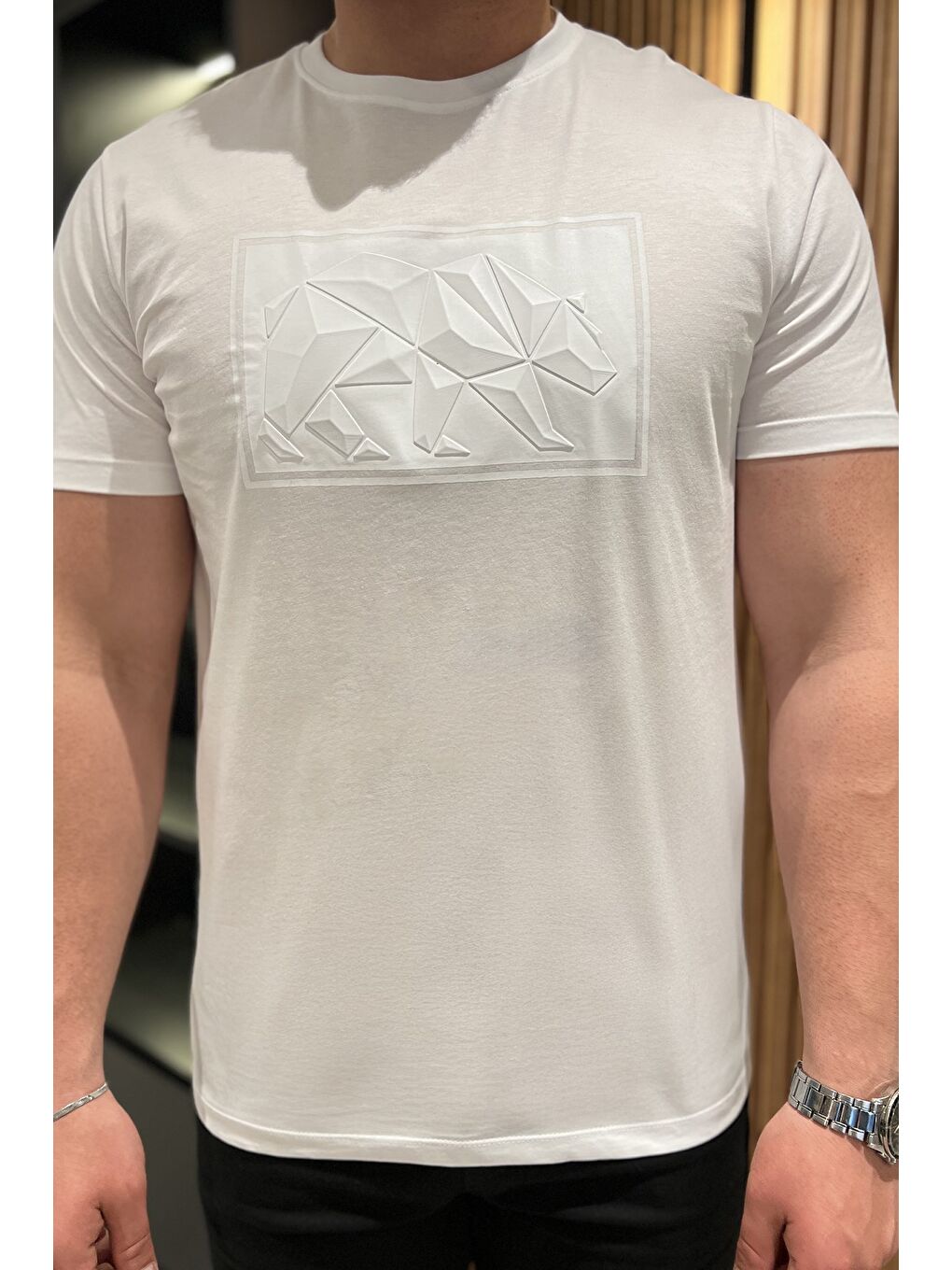 Beyaz Erkek Bisiklet Yaka Baskılı Tişört-3
