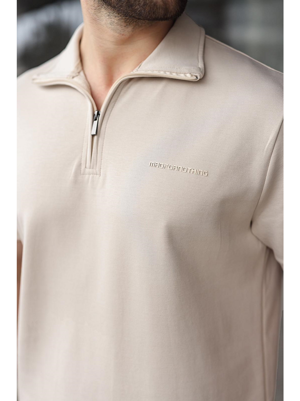 Bej Yarım Fermuarlı Polo Yaka T-Shirt Şort Takım E7348-4