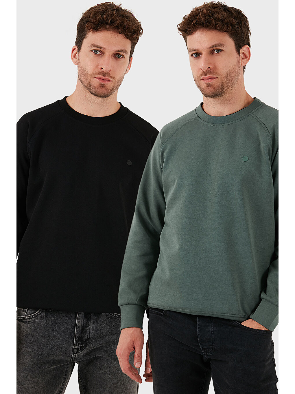 Haki Streç Pamuklu Relaxed Fit Bisiklet Yaka 2'li Paket Sweat 5901210S2