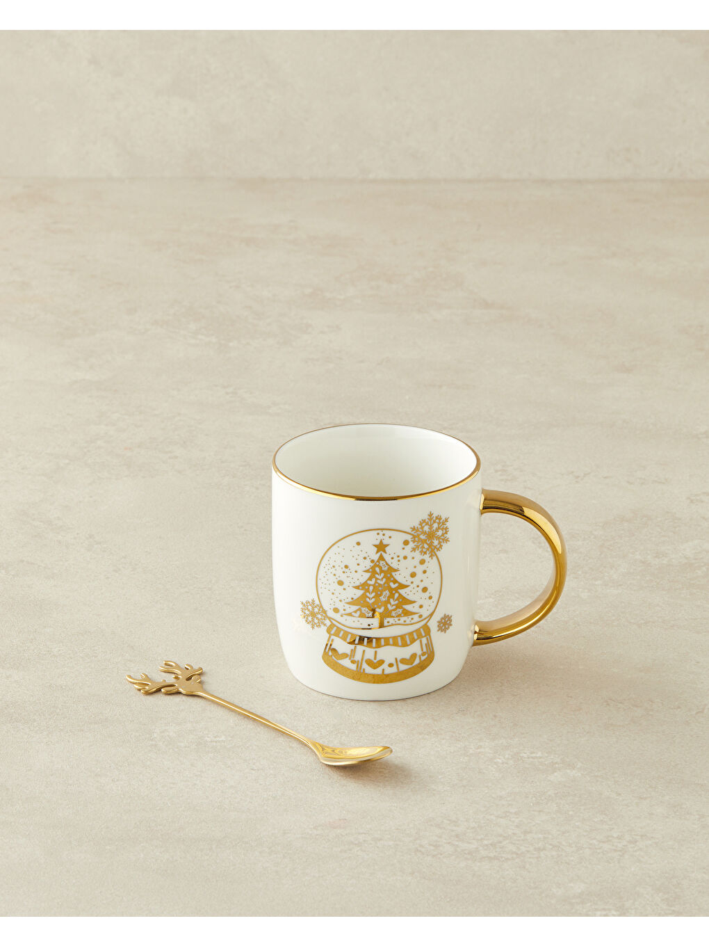 Sarı Snow Globe New Bone China Kaşıklı Yılbaşı Kupa 360 ml Gold-2