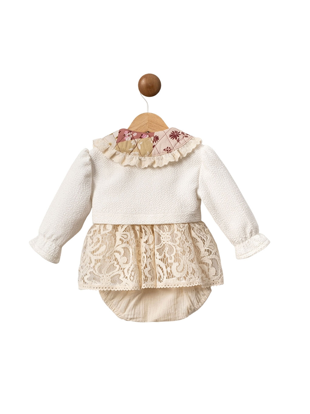 Ekru Çiçek Yakalı Hırkalı Kız Çocuk Elbise Set - Fiona-1