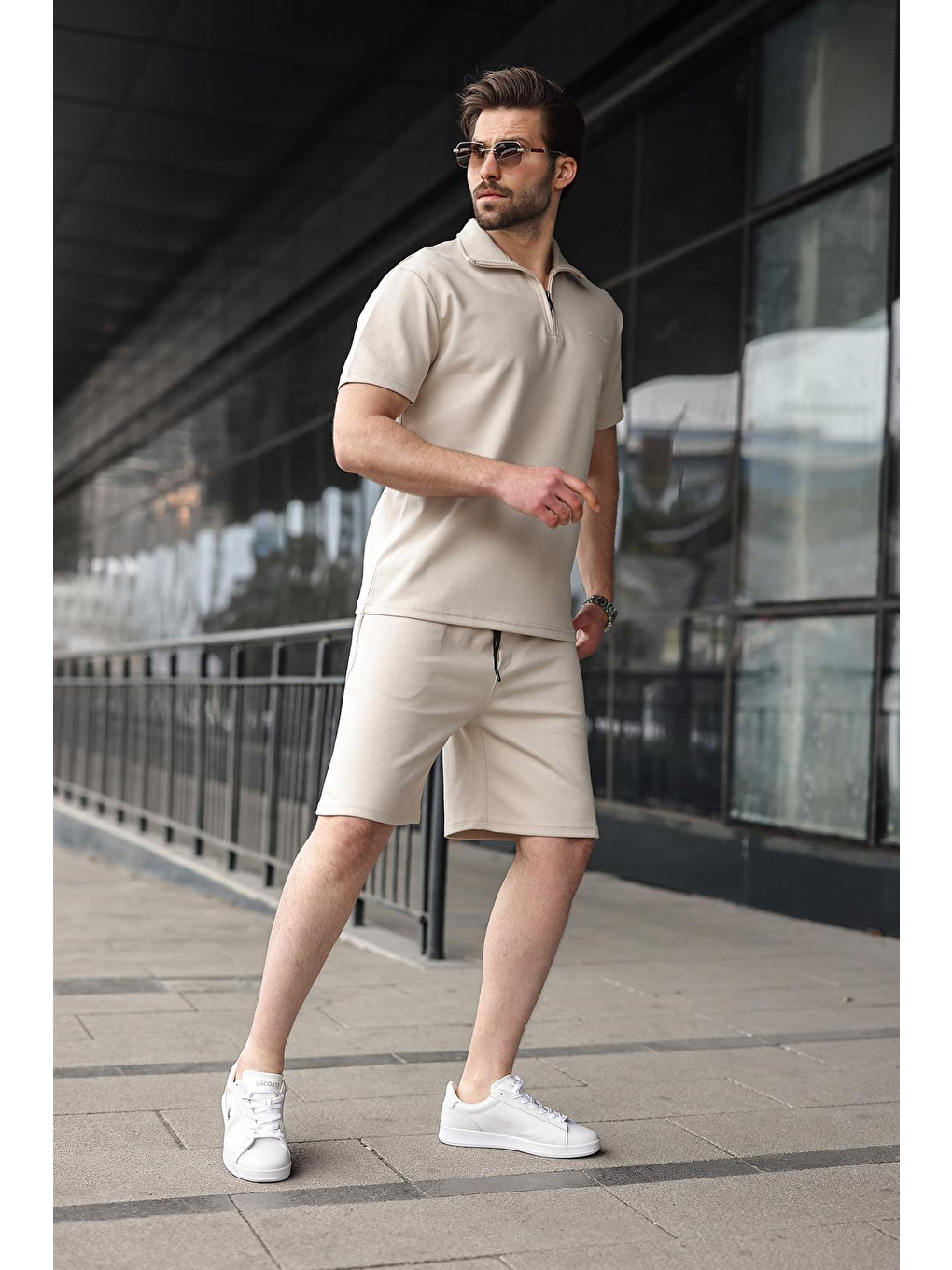 Bej Yarım Fermuarlı Polo Yaka T-Shirt Şort Takım E7348-6