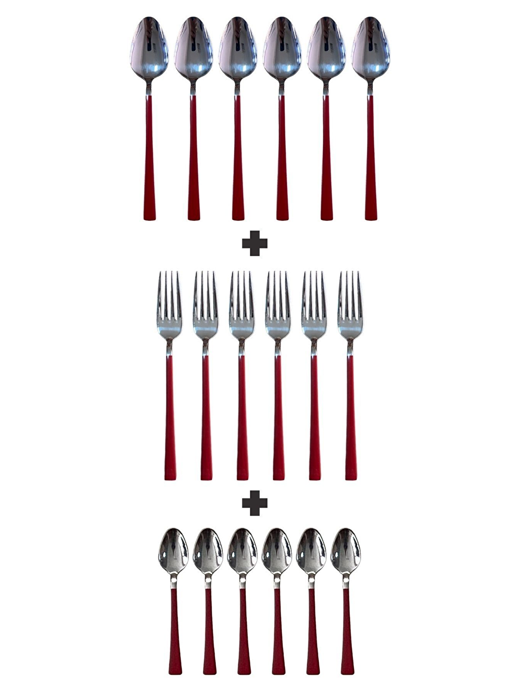 Beyaz Parlak Gümüş Kırmızı Pasta Tatlı Kaşık-Çatal-Çay Kaşığı Seti 18 Adet Gümüş