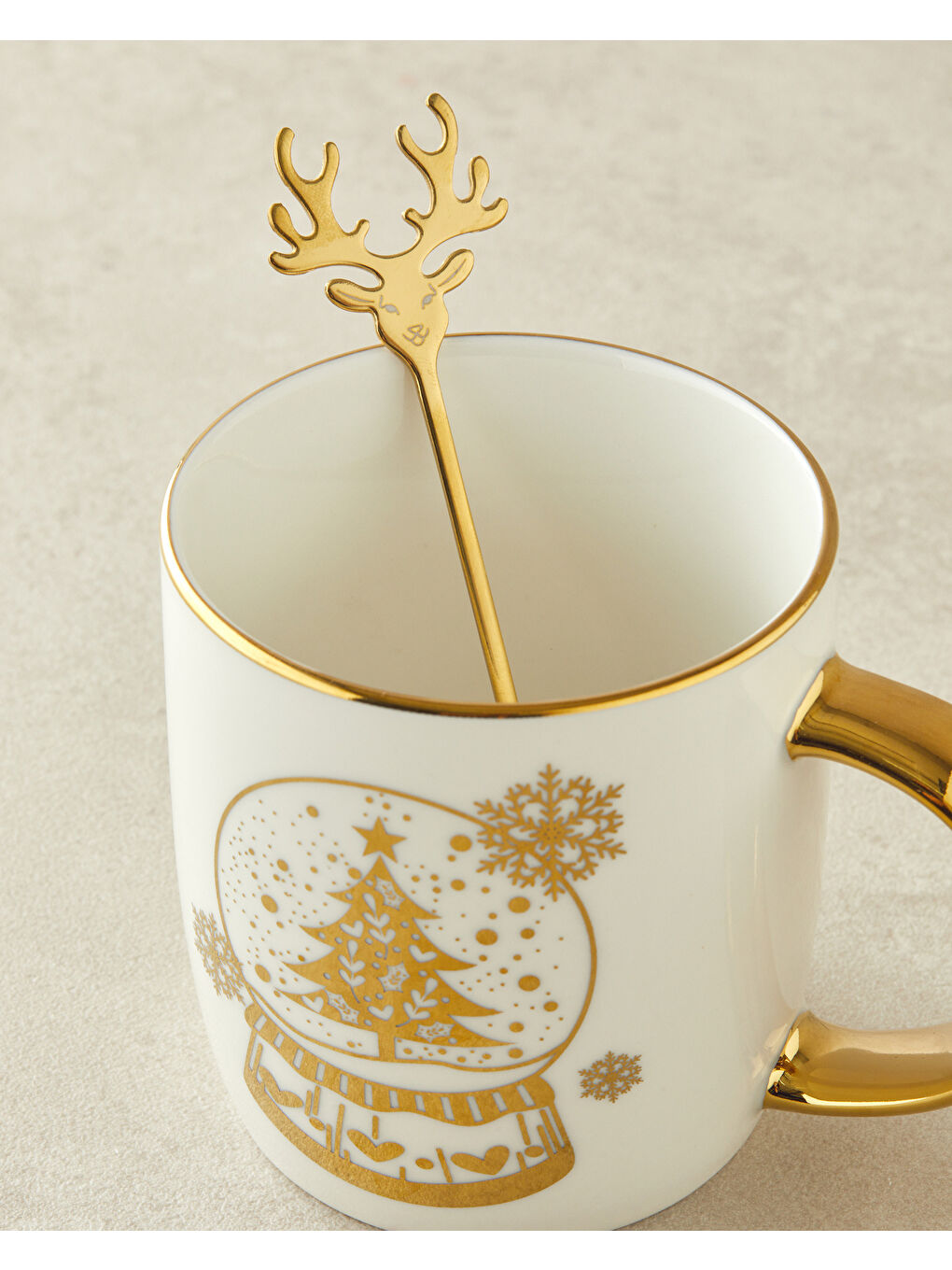 Sarı Snow Globe New Bone China Kaşıklı Yılbaşı Kupa 360 ml Gold-3