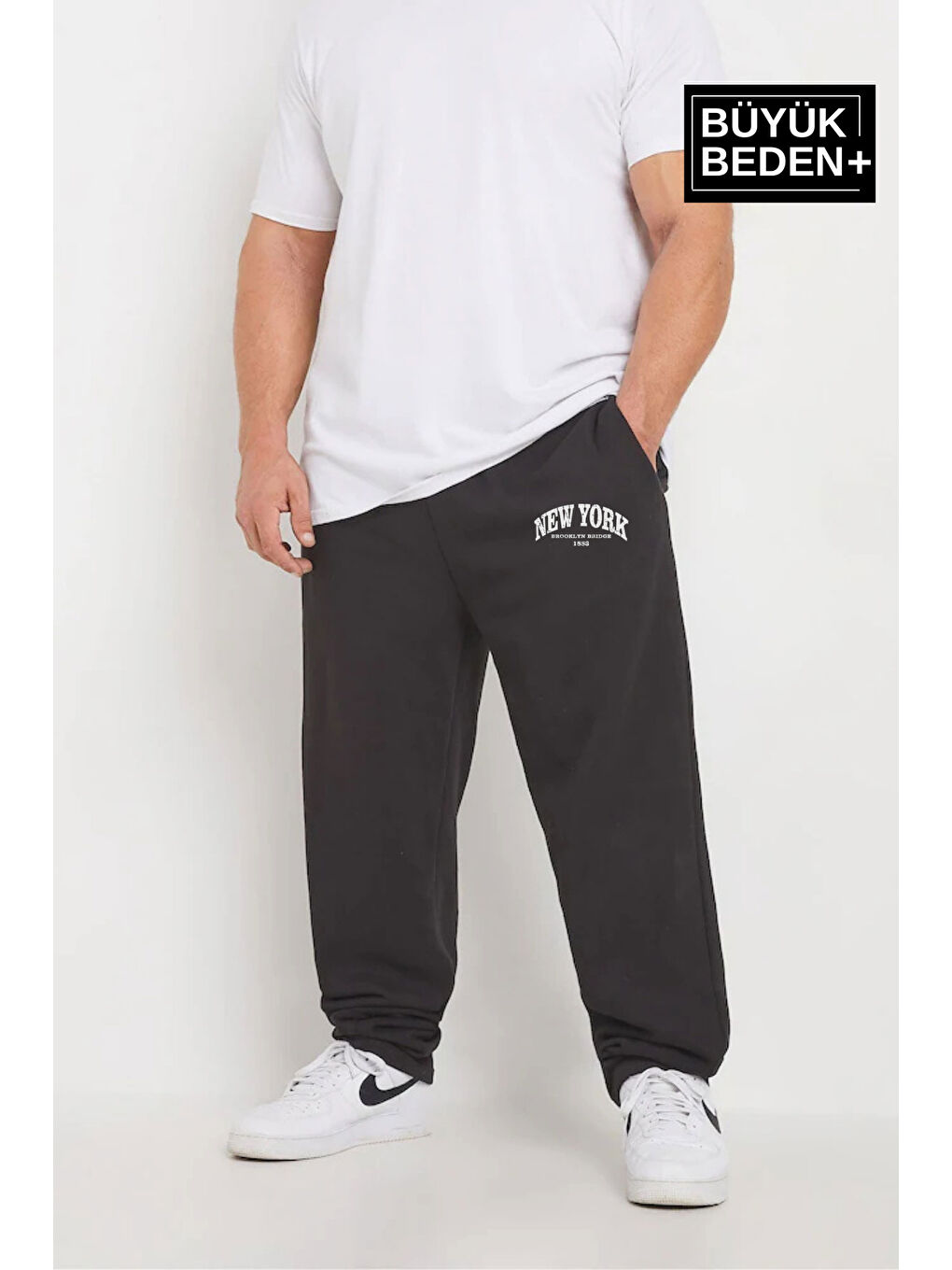 Gri New York Baskılı İnce Erkek Büyük Beden Eşofman Altı SPR24BEA47-1