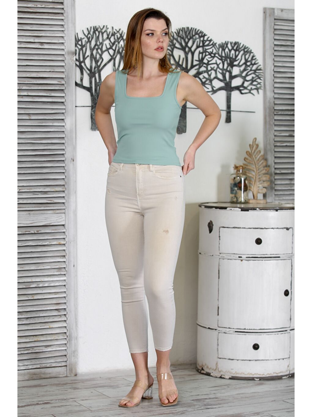 Yeşil Mint Atlet Yaka Örme Fitted Casual Bluz-2