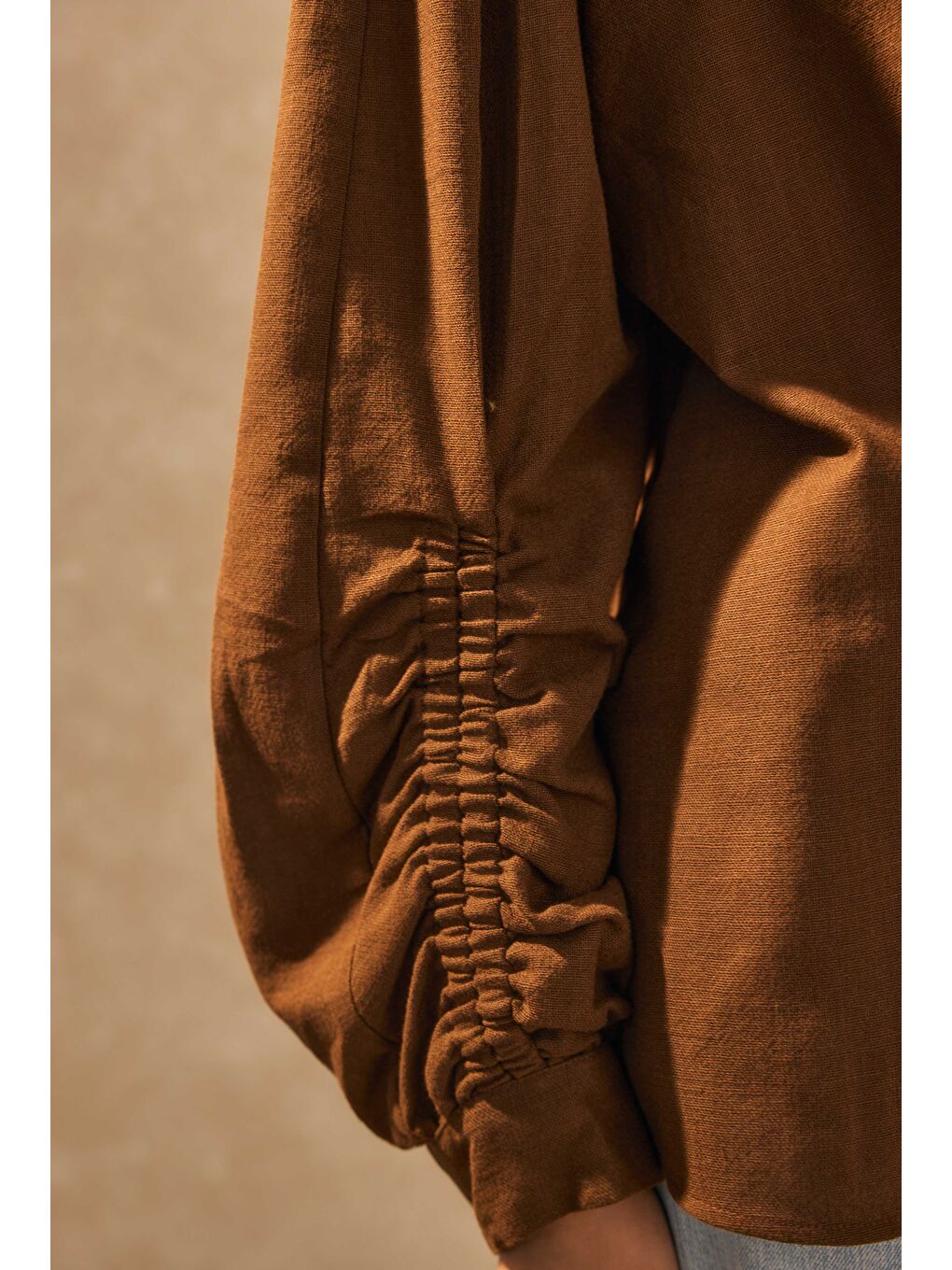 Kahverengi Kol Büzgülü Pamuk Keten Tunik Kahve-3