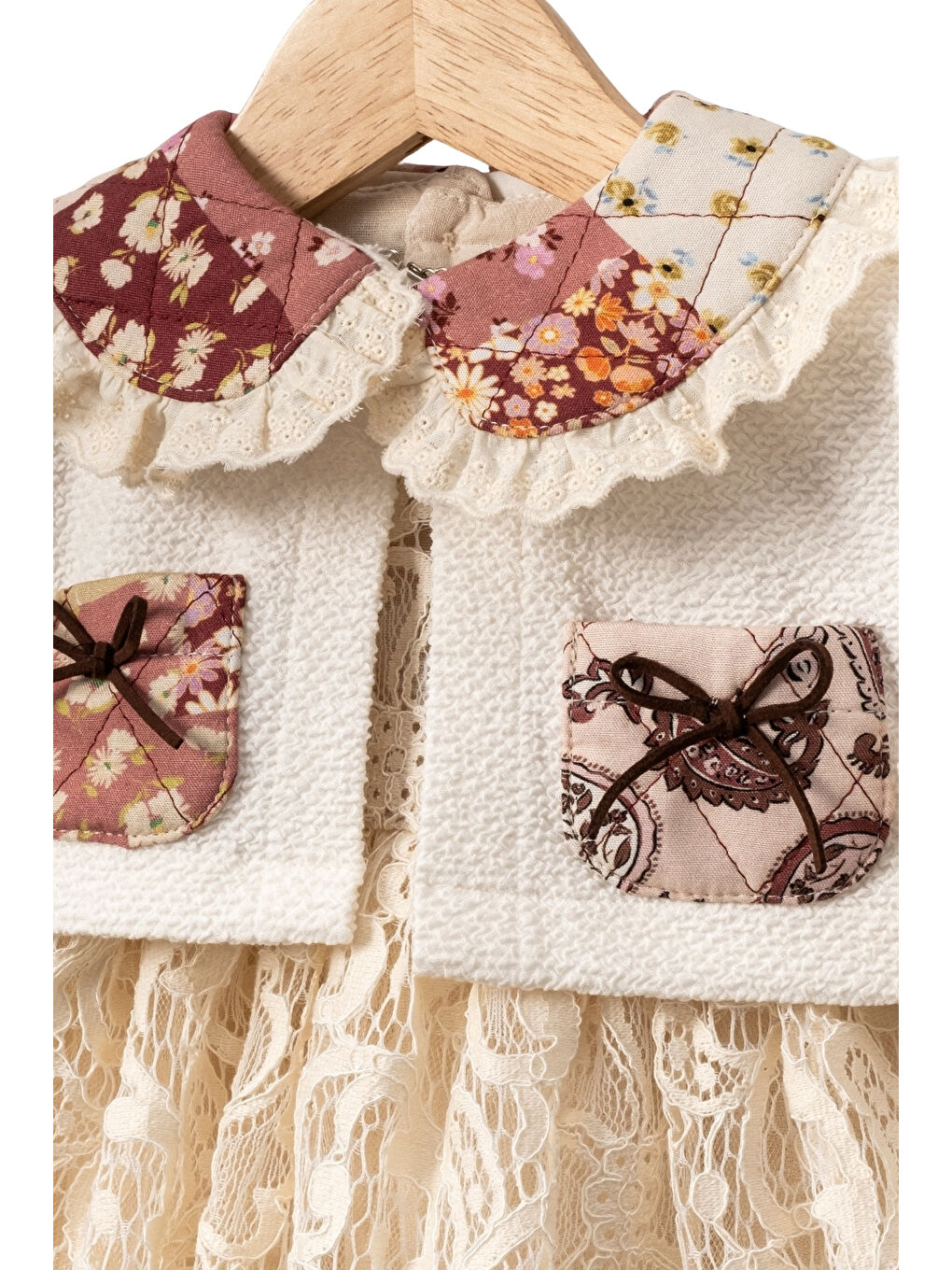 Ekru Çiçek Yakalı Hırkalı Kız Çocuk Elbise Set - Fiona-2