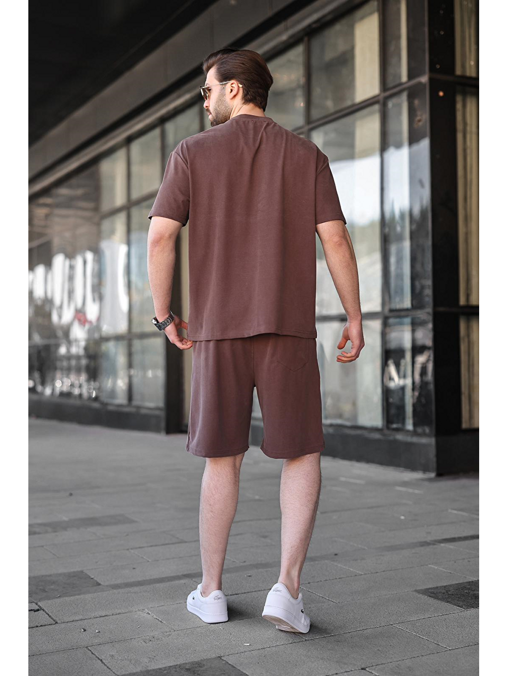 Kahverengi Kumaş Erkek Şort Tişört Takım E7349-2