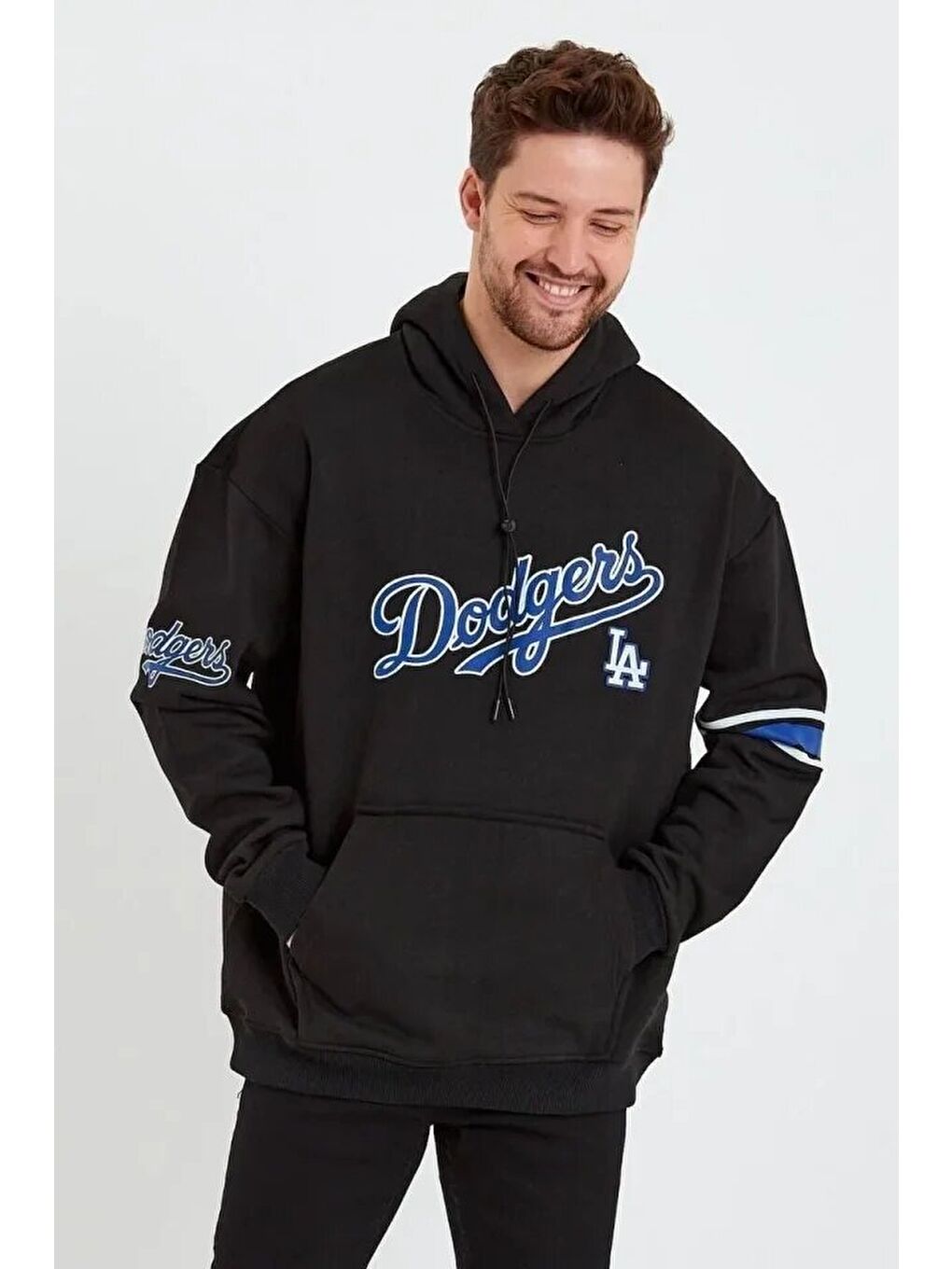 Erkek Baskılı Kapüşonlu Üç Iplik Oversize Sweatshirt - Siyah-1