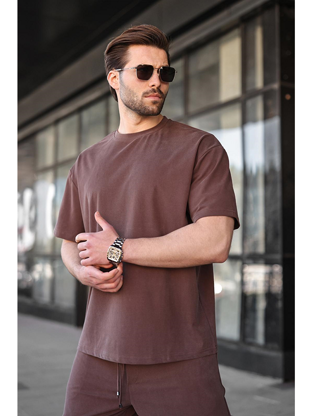 Kahverengi Kumaş Erkek Şort Tişört Takım E7349-3