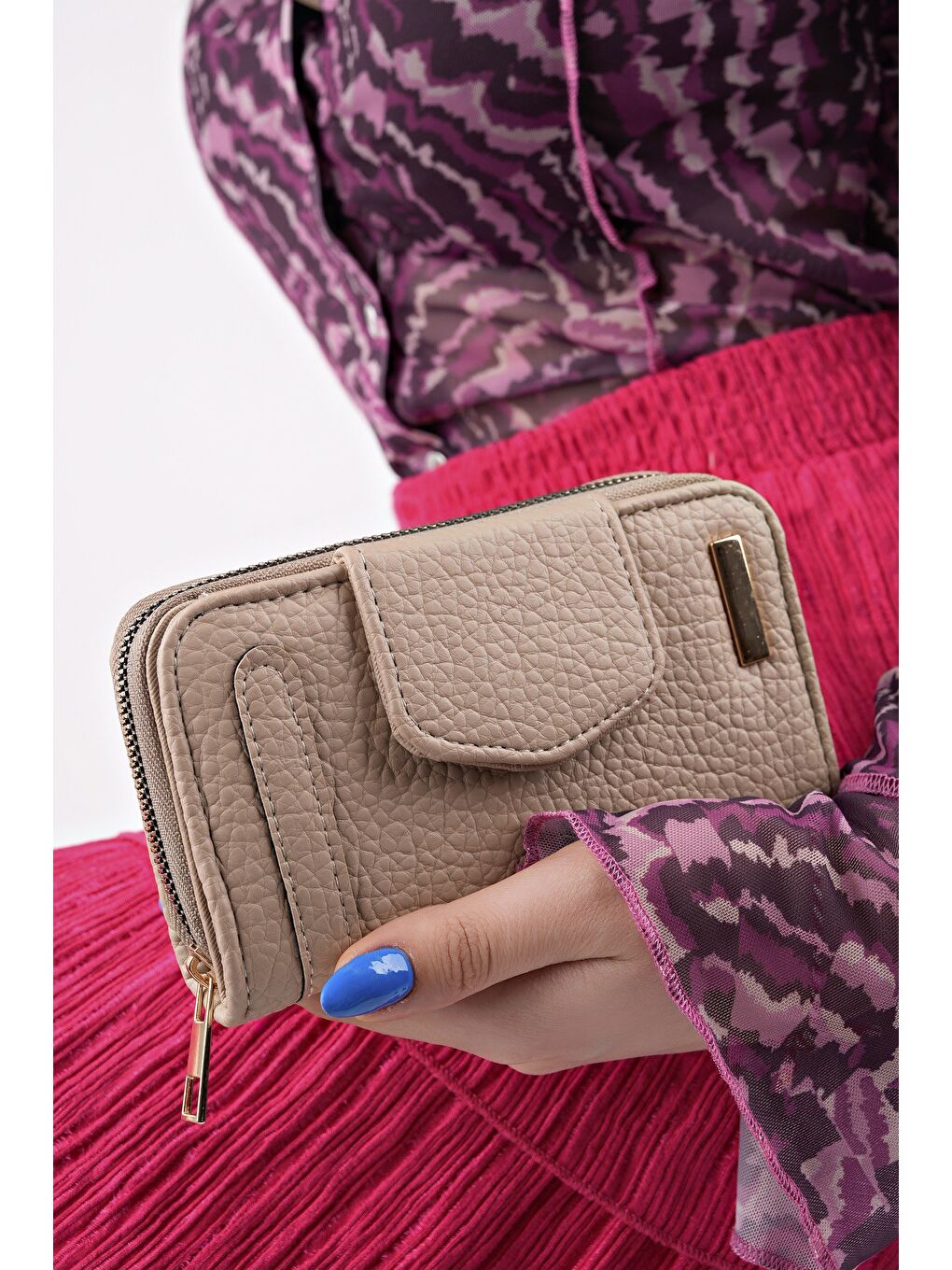 Bej CHEKO Bozuk & Kağıt Para Bölmeli Fermuarlı Kartlık Kadın Cüzdan-2