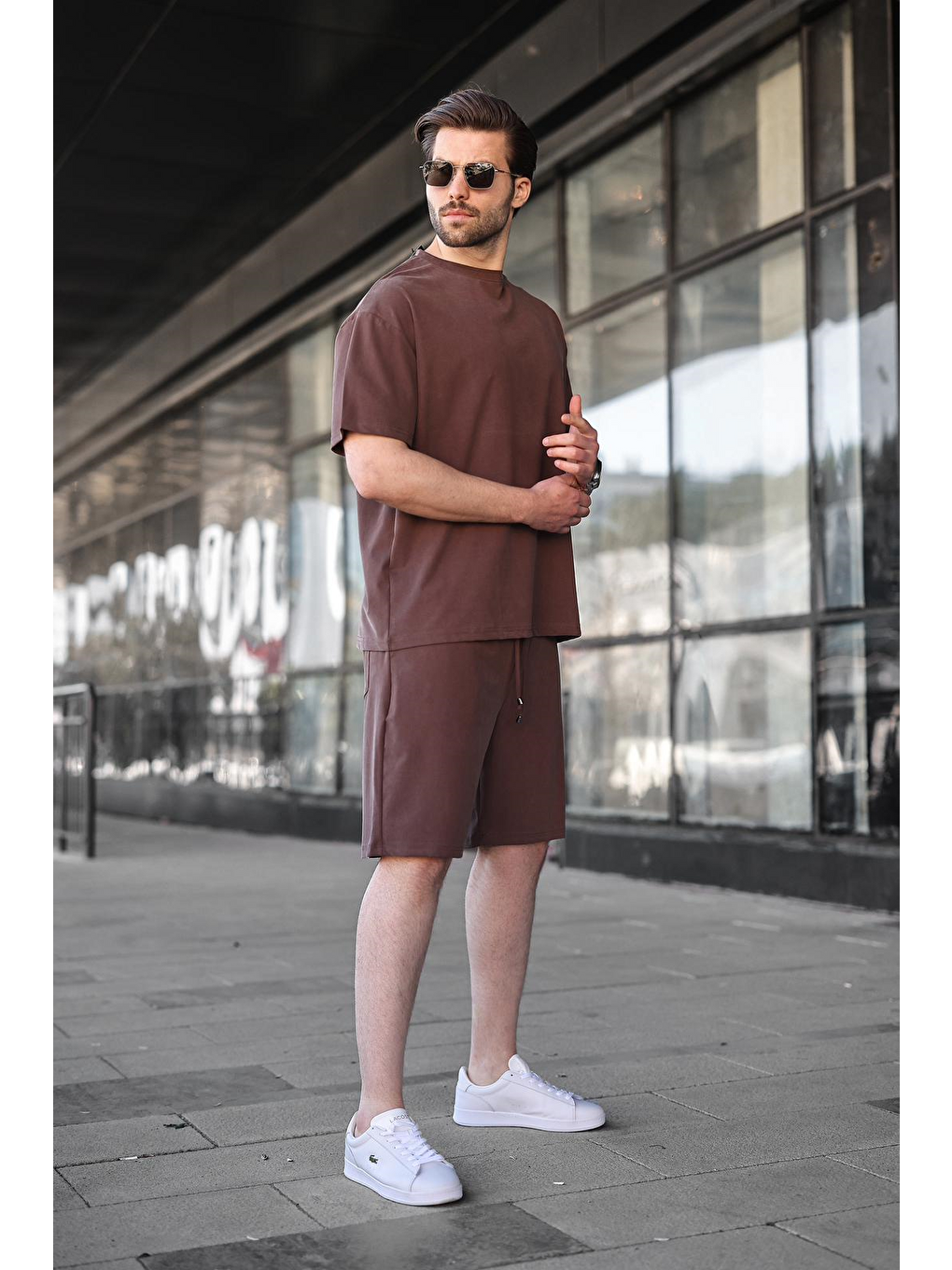 Kahverengi Kumaş Erkek Şort Tişört Takım E7349-4