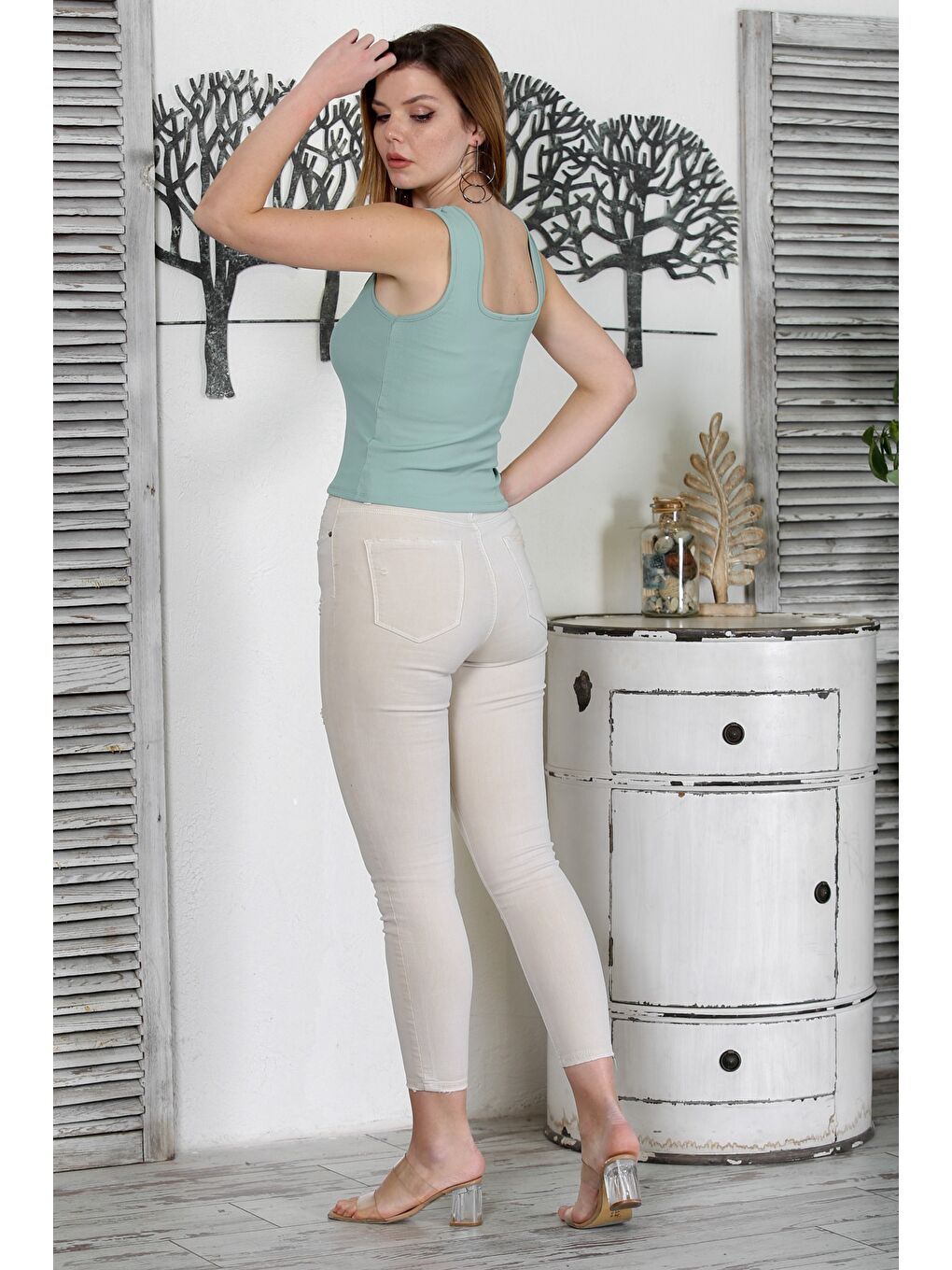 Yeşil Mint Atlet Yaka Örme Fitted Casual Bluz-4