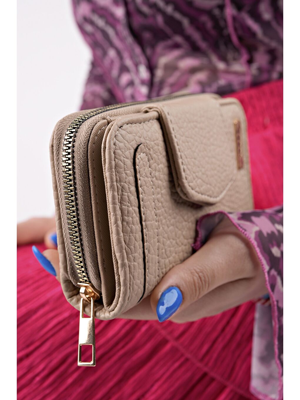 Bej CHEKO Bozuk & Kağıt Para Bölmeli Fermuarlı Kartlık Kadın Cüzdan-3