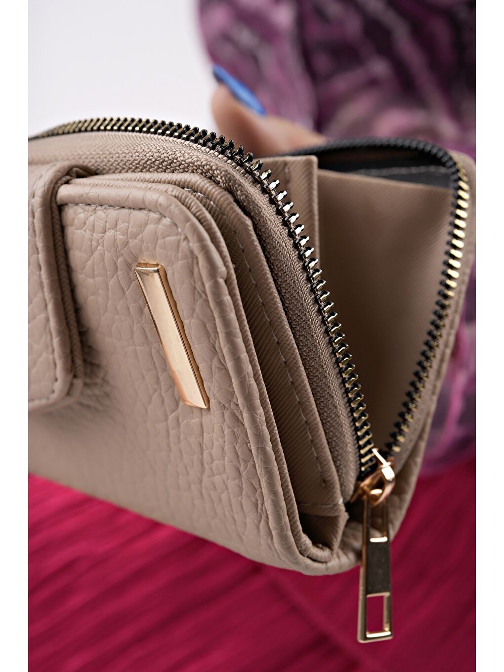 Bej CHEKO Bozuk & Kağıt Para Bölmeli Fermuarlı Kartlık Kadın Cüzdan-4