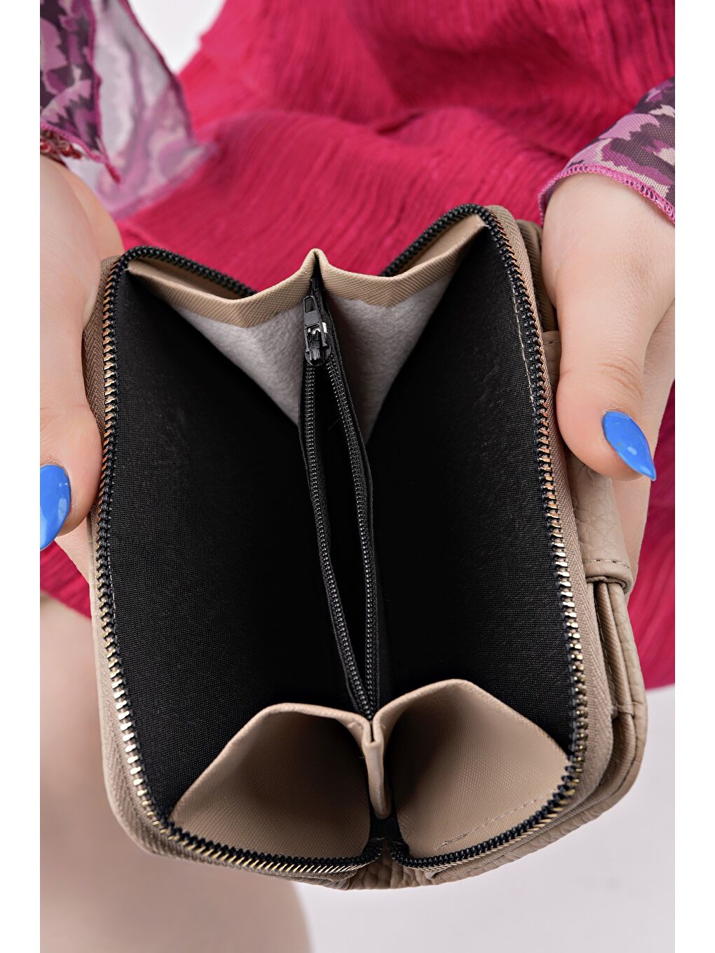 Bej CHEKO Bozuk & Kağıt Para Bölmeli Fermuarlı Kartlık Kadın Cüzdan-5