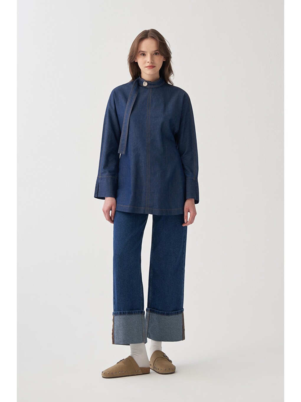 Mavi-Yakası Kuşak Detaylı Denim Bluz-1