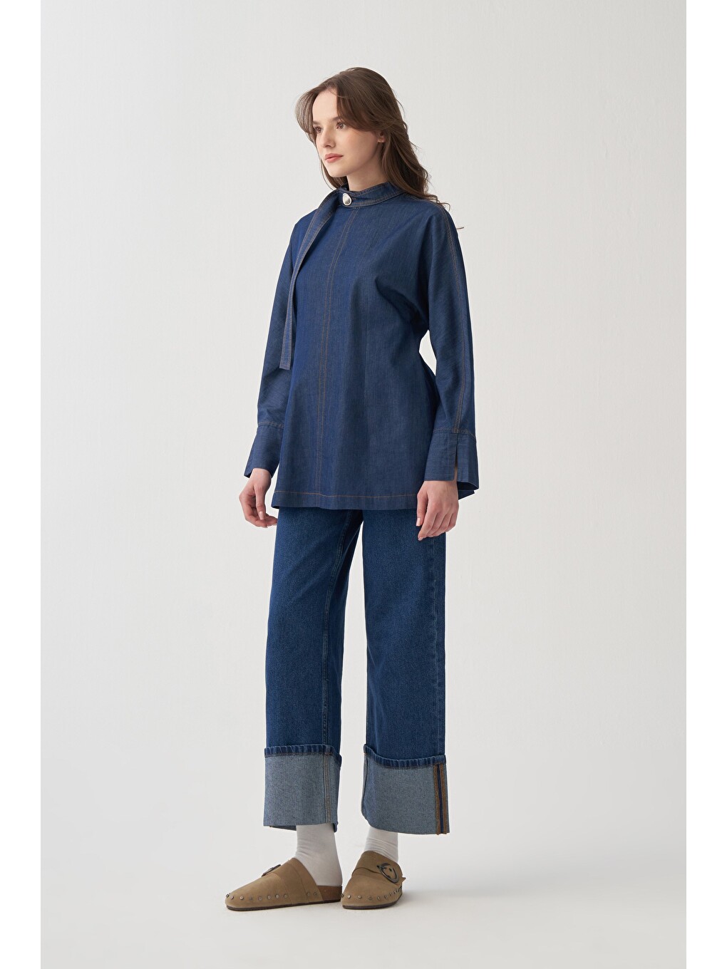Mavi-Yakası Kuşak Detaylı Denim Bluz-2