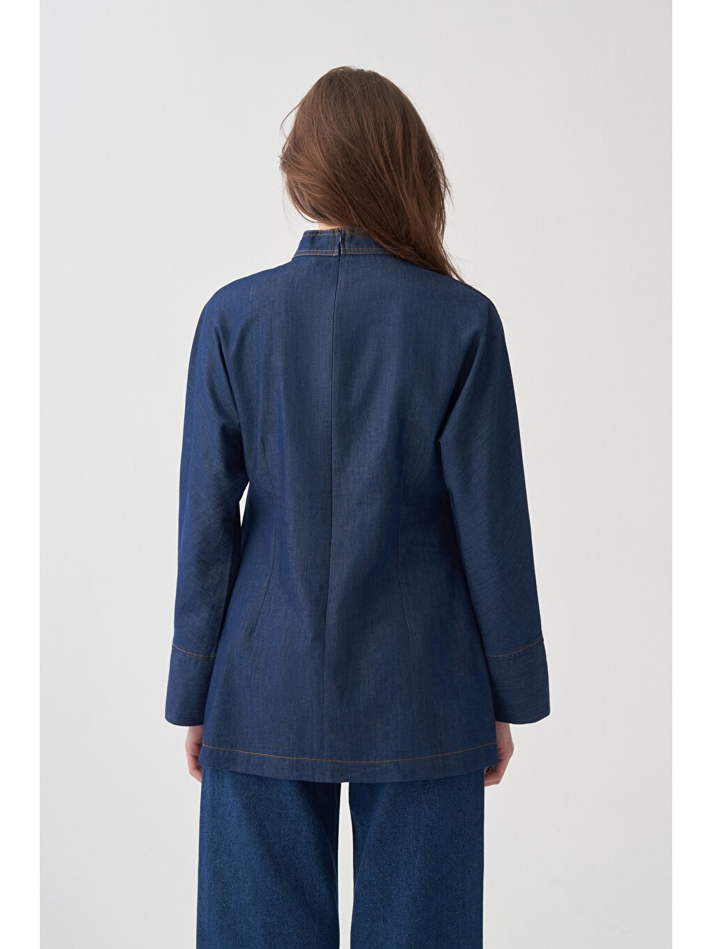 Mavi-Yakası Kuşak Detaylı Denim Bluz-3