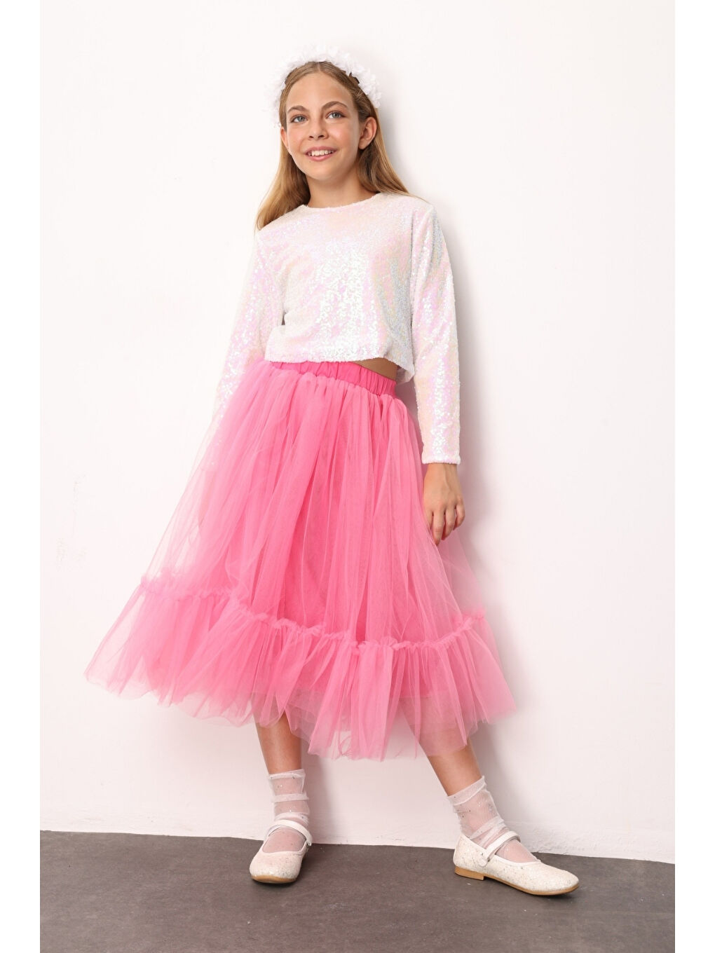 Fuşya Kız Çocuk Uzun Tül Etek - Mindy