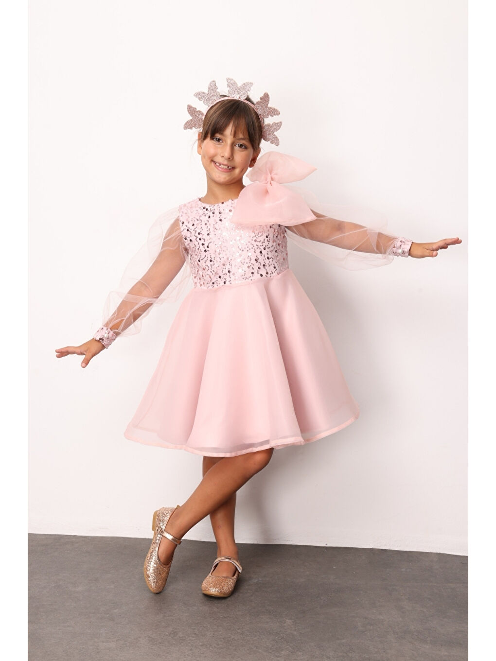 Pembe Pudra Fiyonk Detaylı Pullu Kız Çocuk Elbise - Wendy