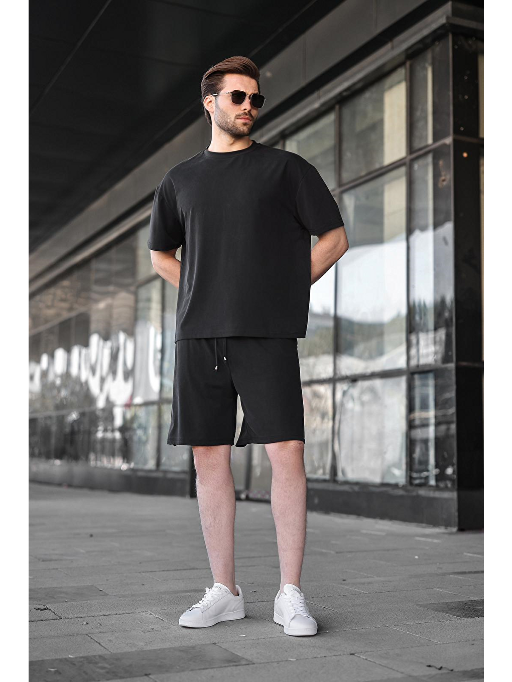 Siyah Kumaş Erkek Şort Tişört Takım E7349-1