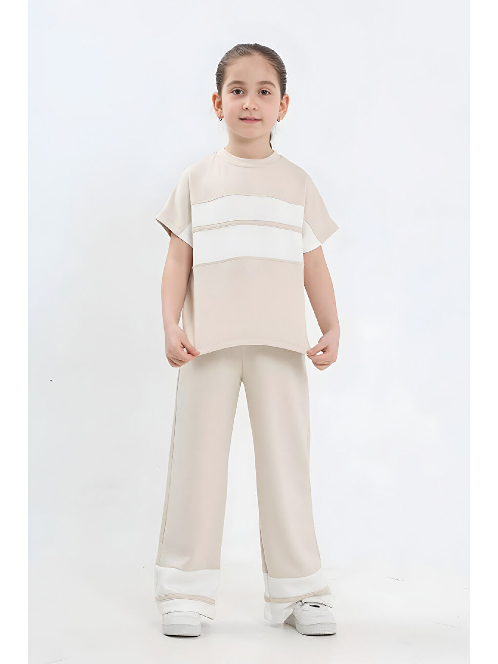 Ekru Kız Çocuk Double Face Kumaş Alt Üst Takım 7-12 Yaş 12640