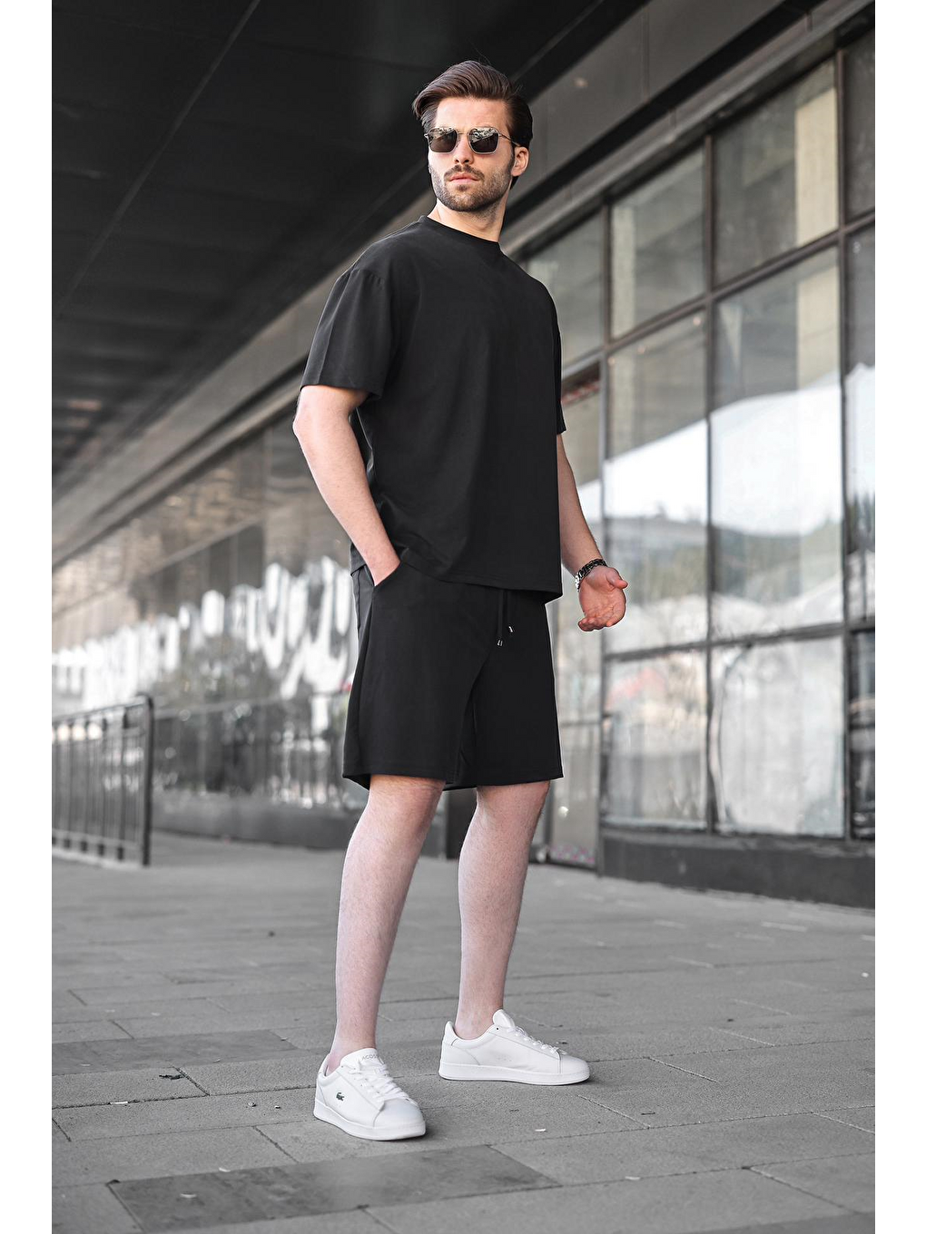 Siyah Kumaş Erkek Şort Tişört Takım E7349-2