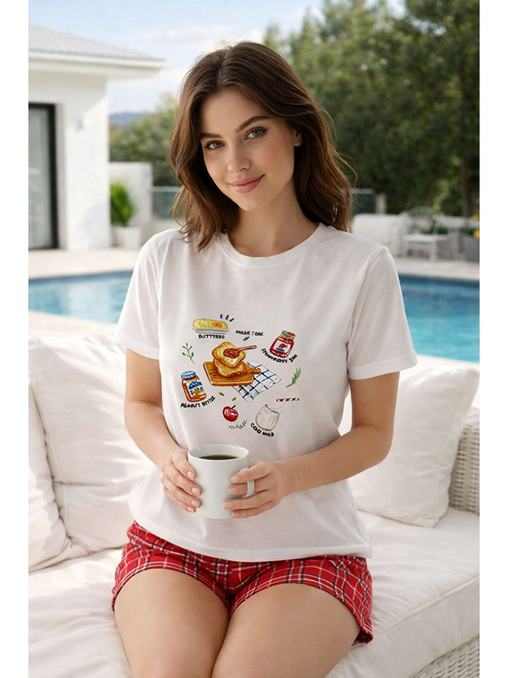 Kadın Kısa Kol Suprem Kumaş Şortlu Pijama Takımı 90782-3326 Beyaz03-1