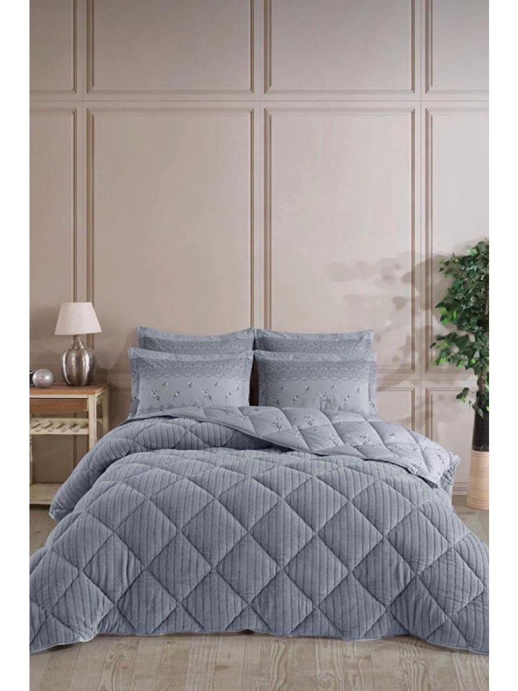 Wellsoft Jakarlı Uyku Seti 4 Parça Çift Kişilik Gri