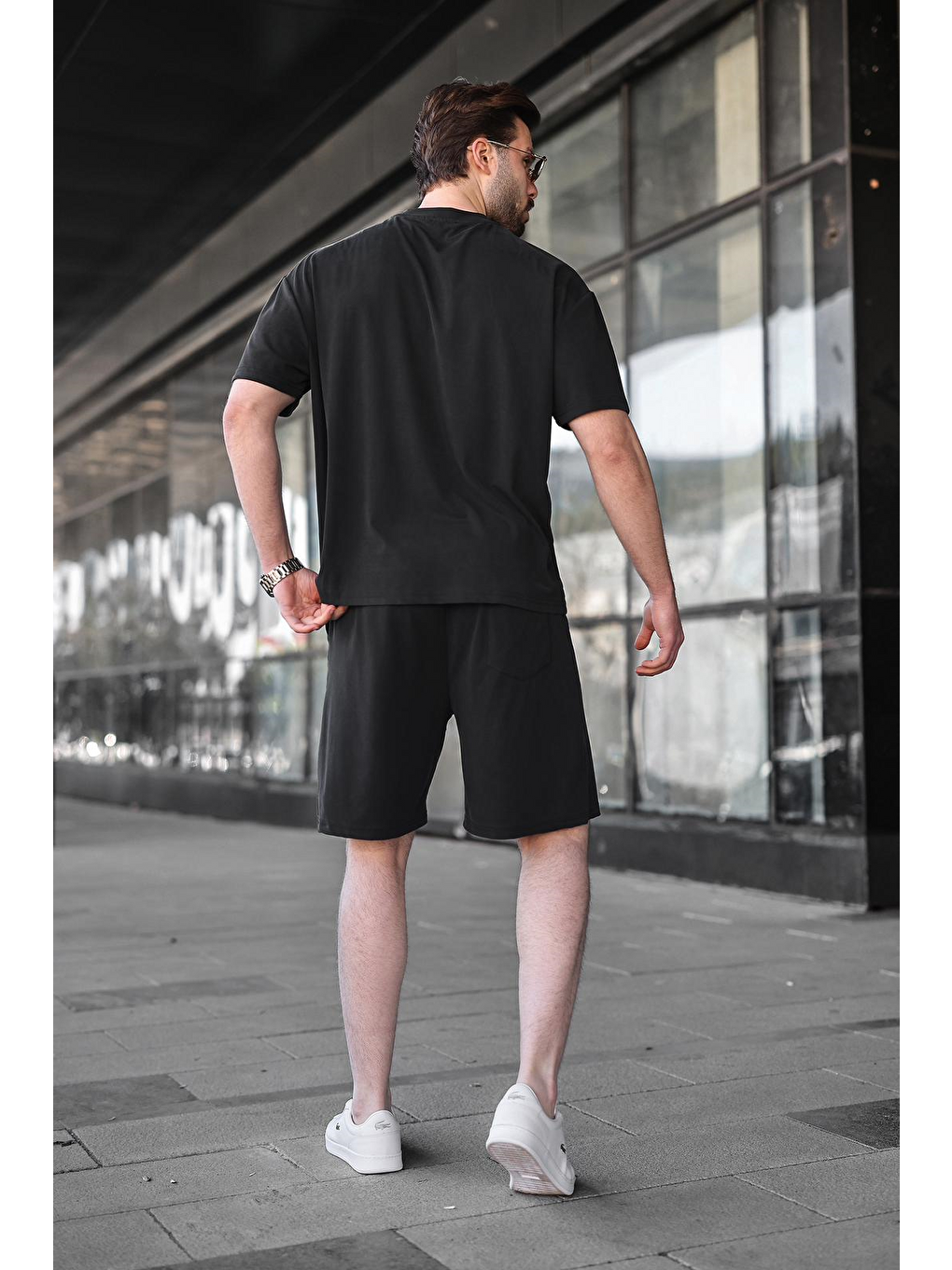 Siyah Kumaş Erkek Şort Tişört Takım E7349-3