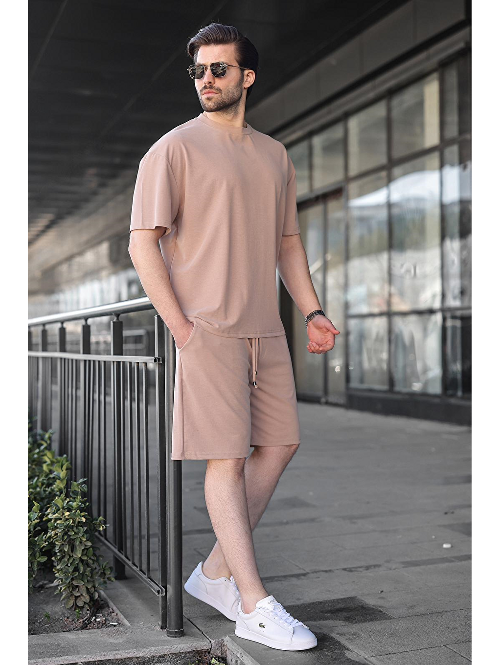 Bej Taş Rengi Kumaş Erkek Şort Tişört Takım E7349-1
