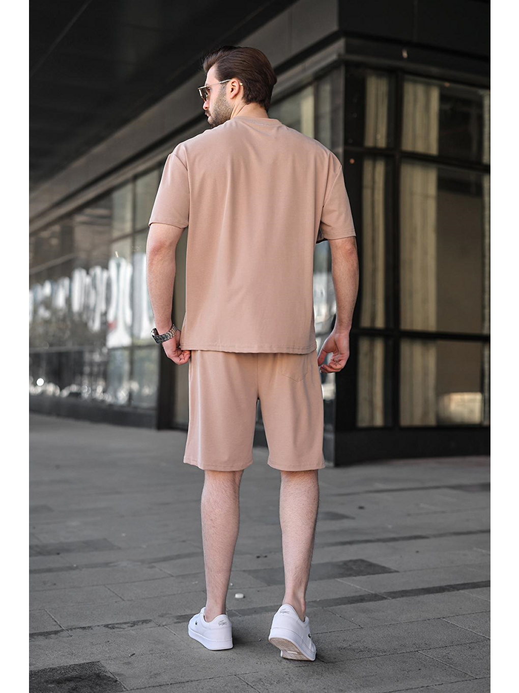 Bej Taş Rengi Kumaş Erkek Şort Tişört Takım E7349-2