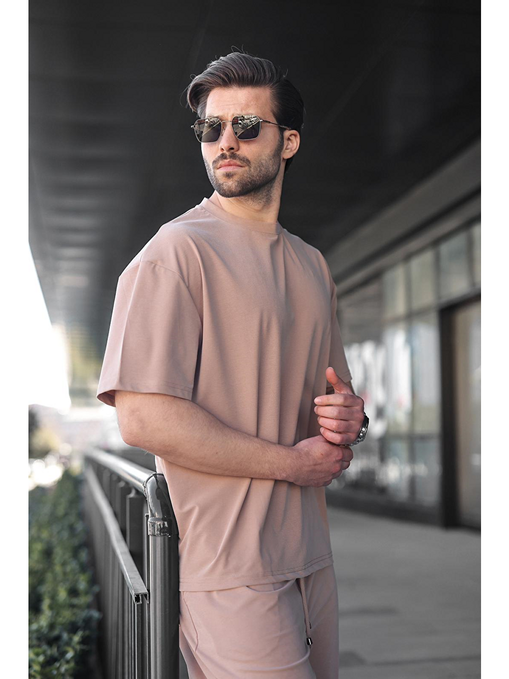 Bej Taş Rengi Kumaş Erkek Şort Tişört Takım E7349-3