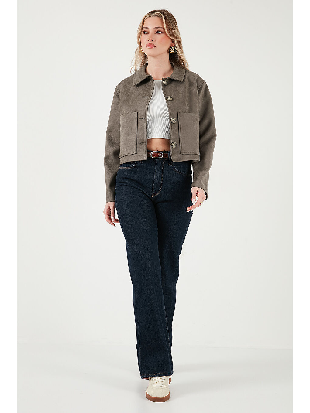 Haki Regular Fit Klasik Yaka Süet Dokulu Cep Detaylı Kadın Ceket 6524992-1